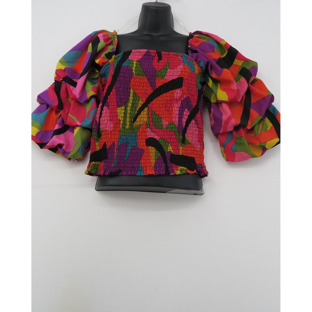 Live 4 Truth Smocked Puff Sleeve Crop Top Multi Color Abstract Print Medium - Picture 6 of 10